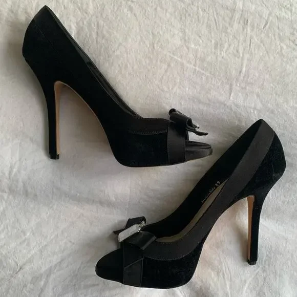 Vintage Christian Dior Logo Mirror Bow Ribbon Velvet Peep Toe Pumps Heels Black - Picture 7 of 11